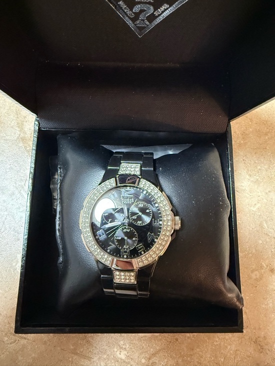 Guess Accessories - Guess Black and Silver Crystal-Trim Chronograph Watch